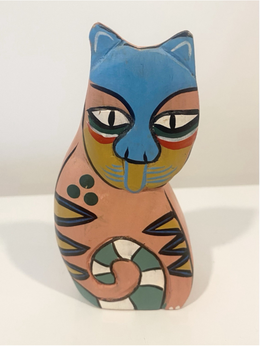Hand Painted Wooden Cat Figurine Laurel Burch Style Colorful Folk Art 5”